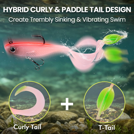 TRUSCEND Duramax Soft Fishing Lures with BKK Hooks, Easy Catch Curly & T-Tail for Trembly Sinking & Vibrating Swim, UV or Glow Effect for All Conditions, Pre-rigged Swimbait for Bass Trout Crappie [WM]
