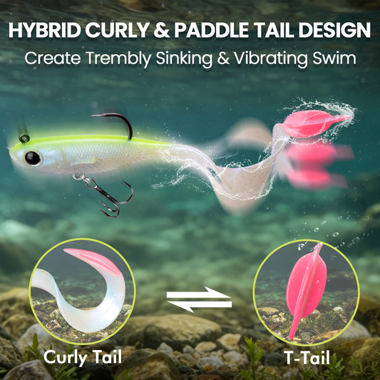 TRUSCEND Duramax Soft Fishing Lures with BKK Hooks, Easy Catch Curly & T-Tail for Trembly Sinking & Vibrating Swim, UV or Glow Effect for All Conditions, Pre-rigged Swimbait for Bass Trout Crappie [WM]