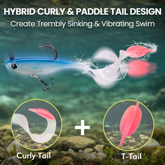 TRUSCEND Duramax Soft Fishing Lures with BKK Hooks, Easy Catch Curly & T-Tail for Trembly Sinking & Vibrating Swim, UV or Glow Effect for All Conditions, Pre-rigged Swimbait for Bass Trout Crappie [WM]