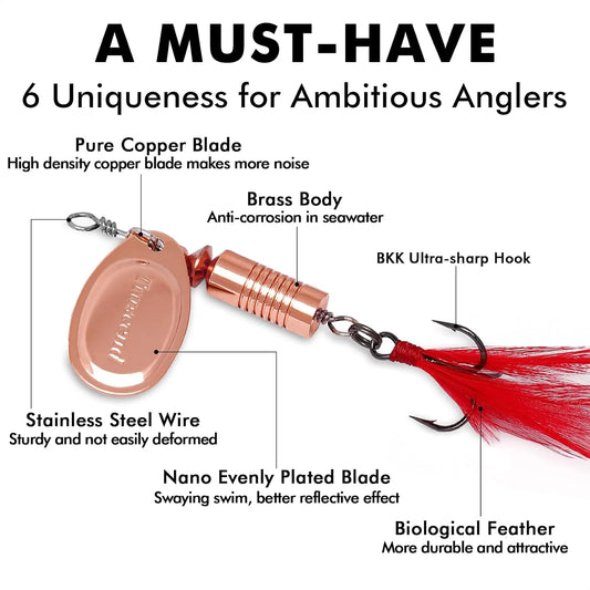 TRUSCEND Swimming or Jigging Fishing Spinners with Two-Way Spinning Spoons System, Rooster Tail Fishing Lures with Flash Copper Body & Blade Freshwater and Saltwater Blade Bait for Bass Walleye Trout