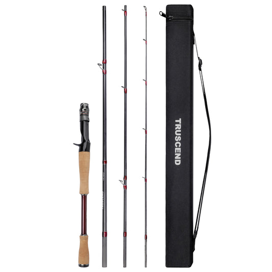 Fishing rod with reel and black carrying case on a white background