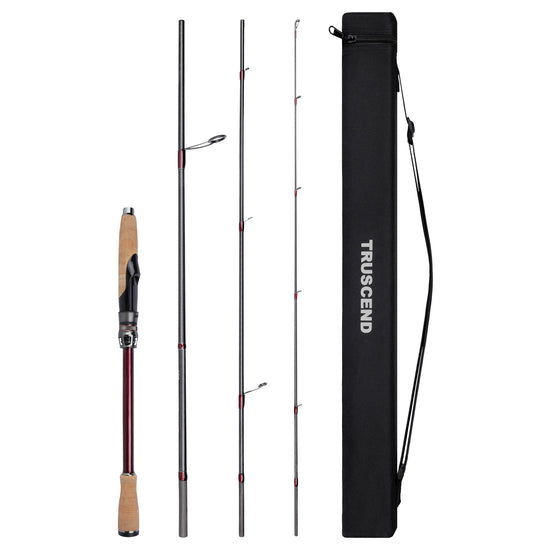Fishing rod with reel, rod, and black carrying case on a white background