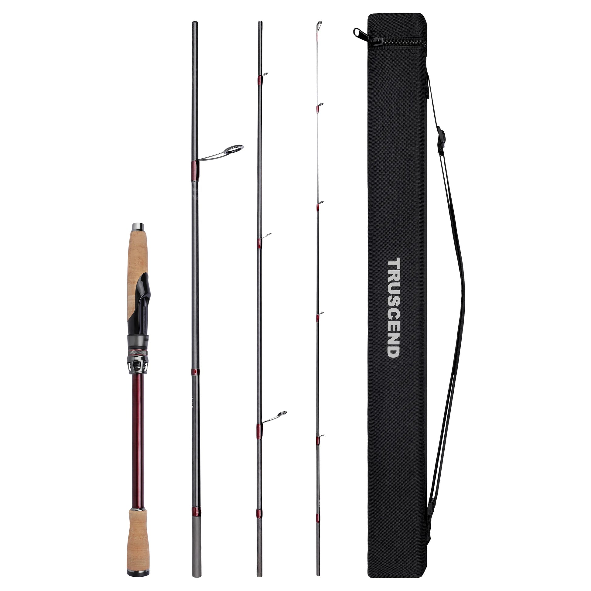 Fishing rod with reel, rod, and black carrying case on a white background