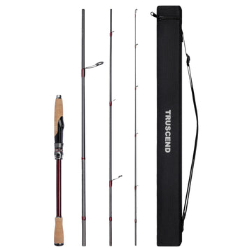 Fishing rod with reel, rod, and black carrying case on a white background