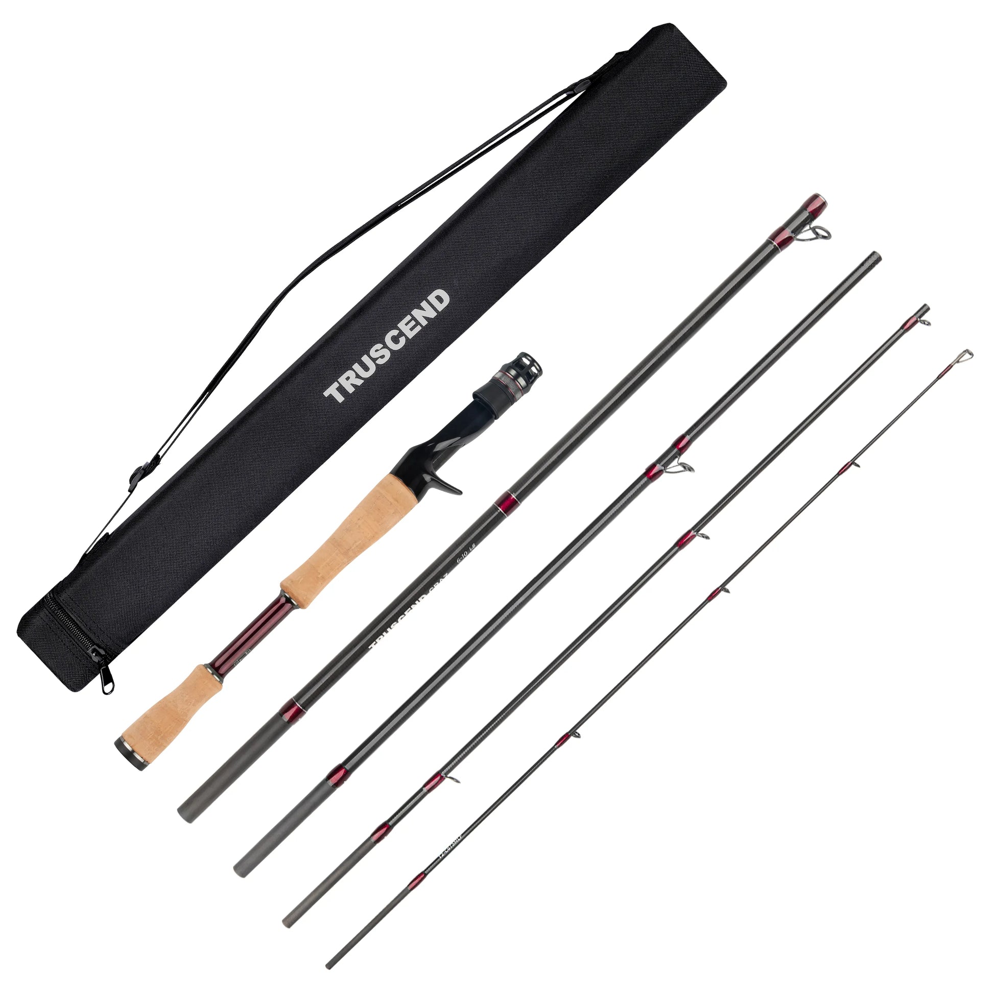 Fishing rod with three sections and a carrying case labeled 'Truscend' on a white background