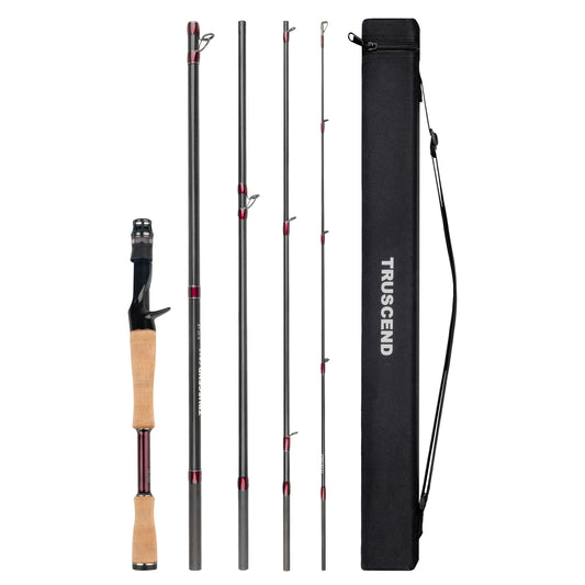 Fishing rod with four sections and a carrying case on a white background