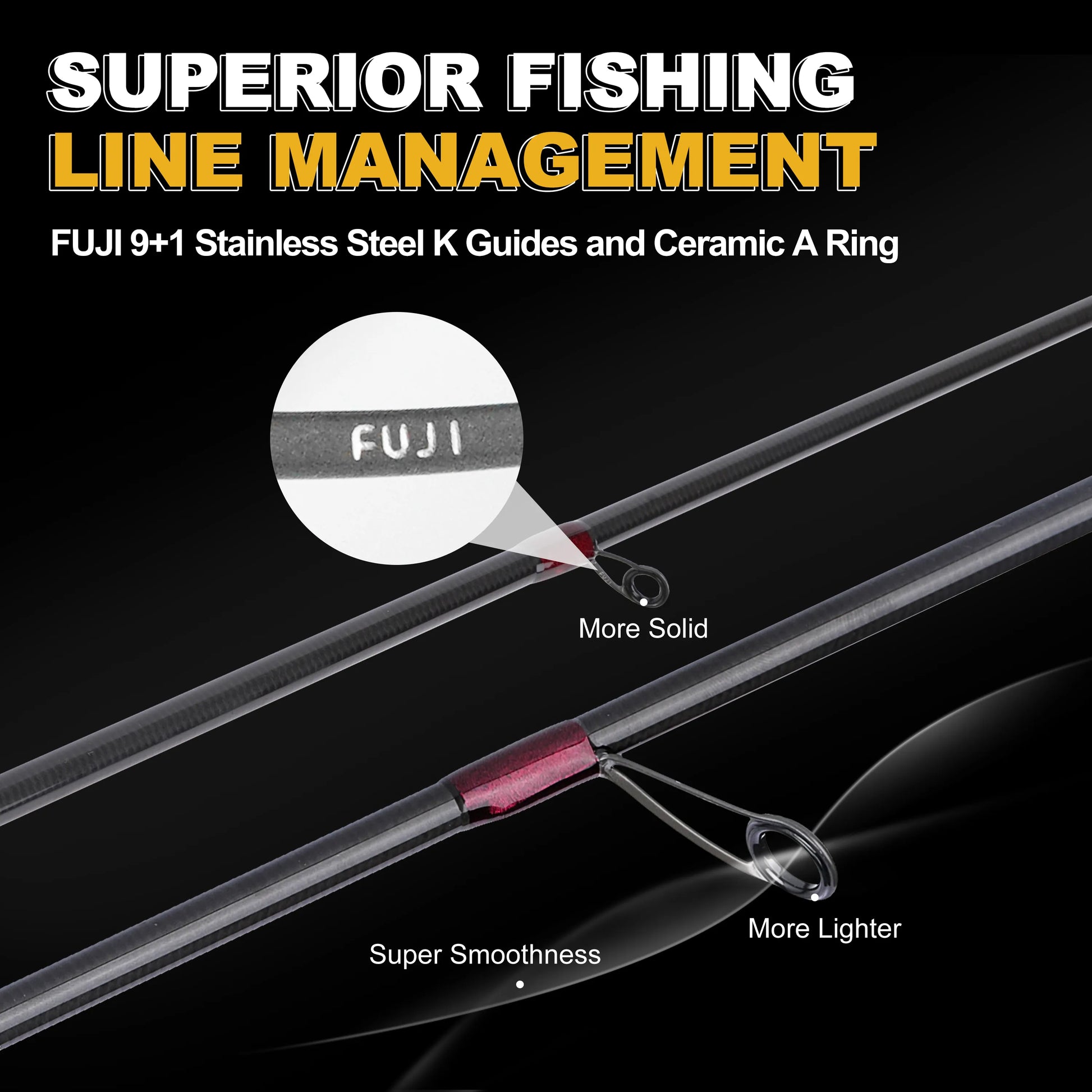 Fishing rod with Fuji guides and ceramic A ring on a black background