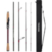 Fishing rod with reel, sections of rod, and carrying case on a white background