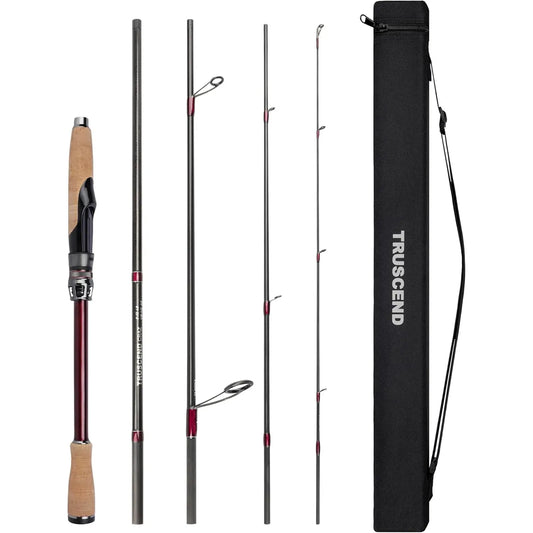 Fishing rod with reel, sections of rod, and carrying case on a white background