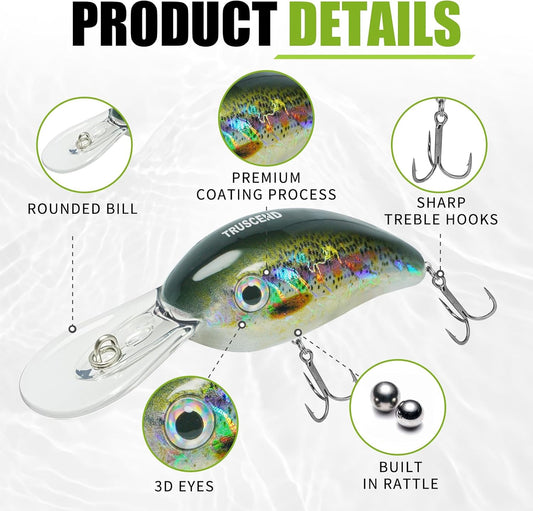 TRUSCEND Shallow or Deep Diving Crankbait with BKK Hooks, Wobble Fishing Lures for Bass Trout Crappie Walleye, Sinking Lipless Vibe Crank Bait for Bass Pike, Amazing Swimbait for Family Fishing [WM]