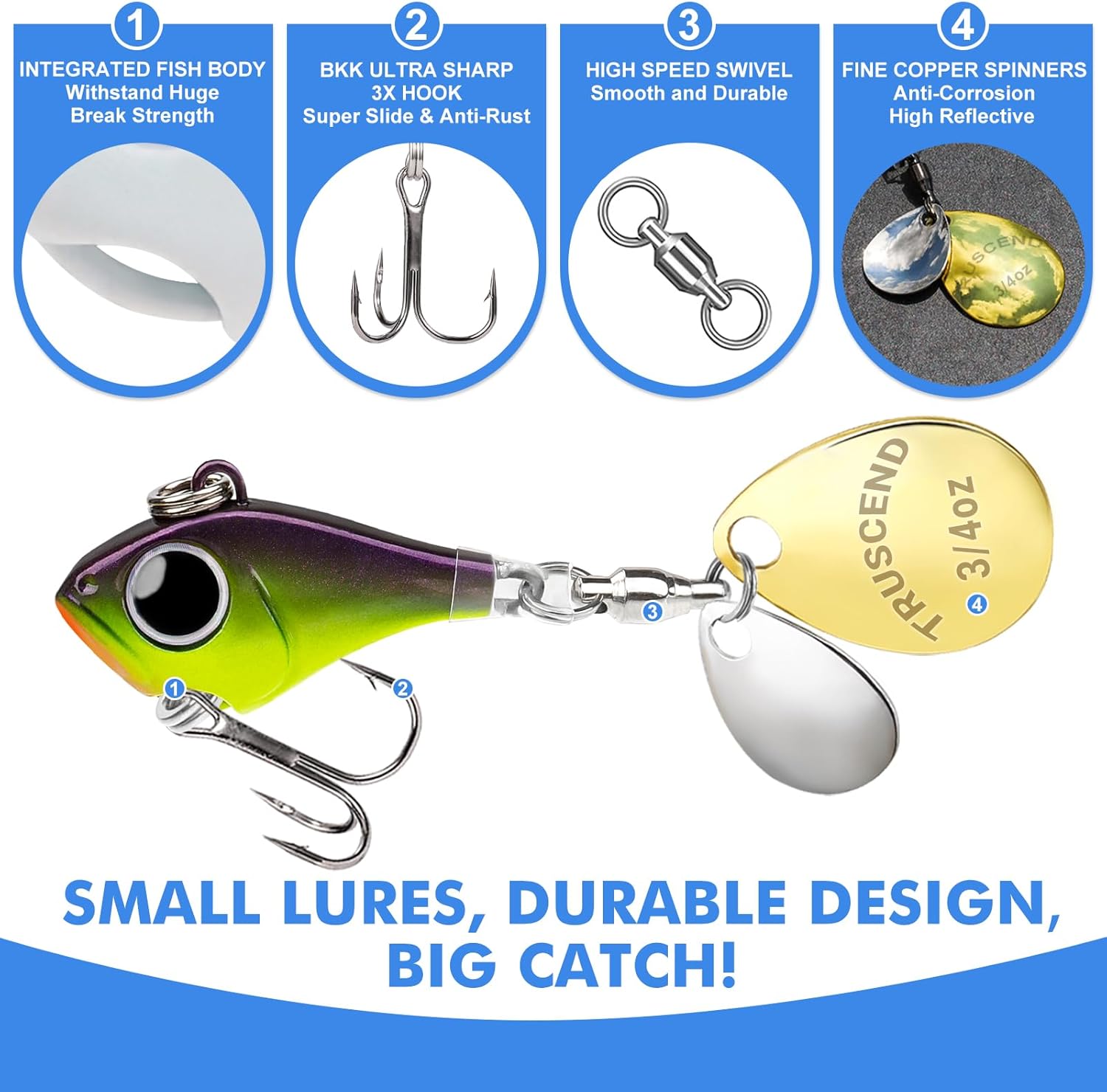 TRUSCEND Vibespinner Lures with BKK Hooks – Easy Catch: 4 Actions (Vibrate/Swim/Flash/Jig) for More Bites, Longer Cast Search Bait – Jigs for Bass,