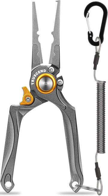 TRUSCEND Fishing Pliers, Lockable Handy Fishing Gear na may Makabagong Ergonomical Handle, Corrosion Saltwater Resistant Teflon Coated Fishing Tool, Multi-Function Fishing Plier na may Mo-V Cutter [WM]