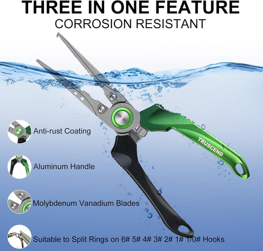 TRUSCEND Lockable Fishing Pliers with High Tungsten Cutter, Innovative Ergonomic Handy Handle, Saltwater Corrosion Resistant Teflon Coated Fishing Tool, Super Light Multi-Function Fishing Gifts [WM]