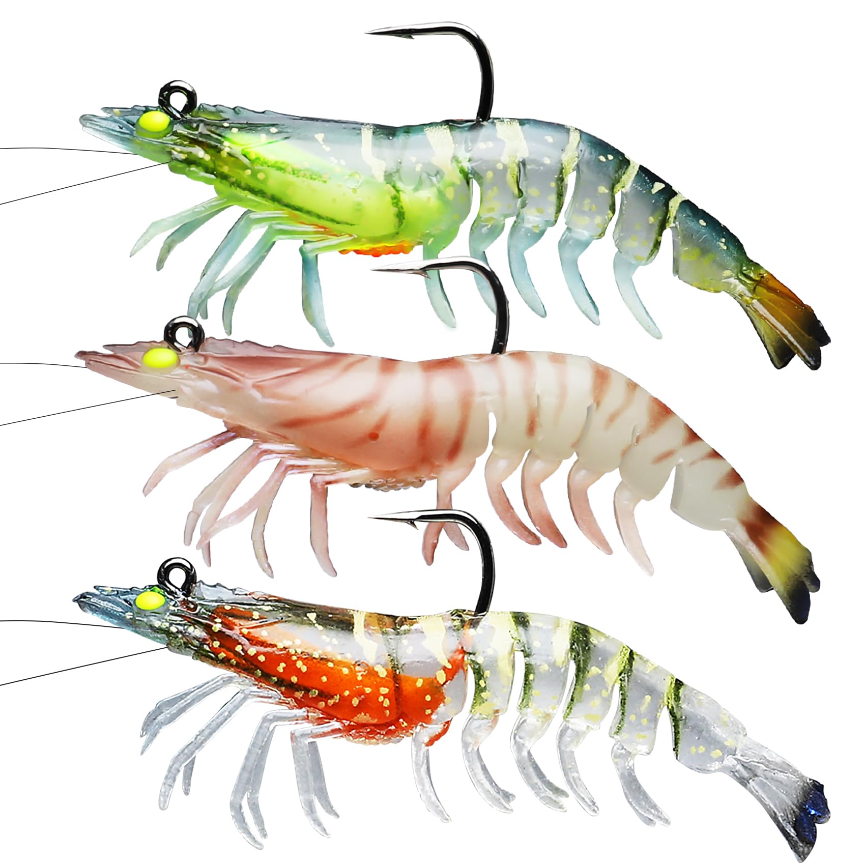 bass fishing with shrimp lures OriGlam 5pcs Soft Luminous Lure Set, 5 Colors Shrimp Bait Hooks and Beads Catch more fish with TRUSCEND pre Pre-Rigged Soft Fishing Lures |
