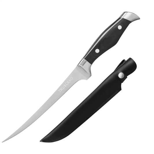 Forked Truscend Boning Knife with black sheath on a white background