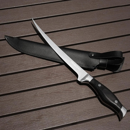  Truscend Forked knife with black sheath on a wooden surface