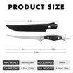  Truscend  knife with sheath and measurements on a white background