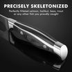 Knife with wooden handle on a black background, text about fish filleting.