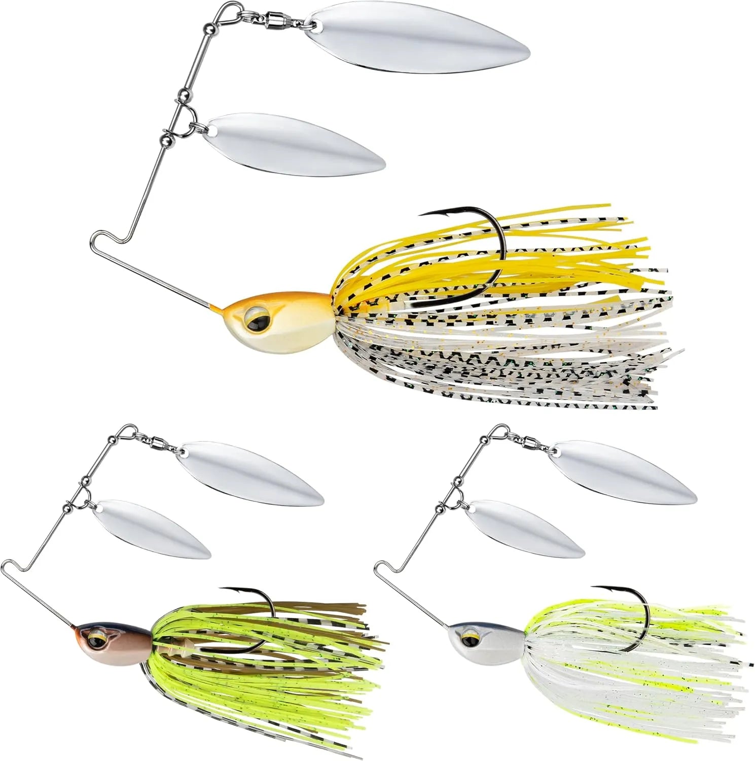 Three spinnerbaits with different colors and designs on a white background