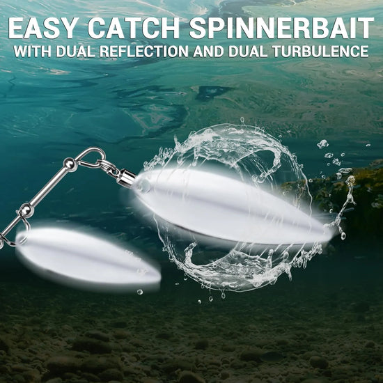 Spinnerbait with dual reflection and turbulence feature underwater, text 'Easy Catch Spinnerbait' above.