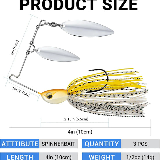 Spinnerbait with measurements and product details on a white background