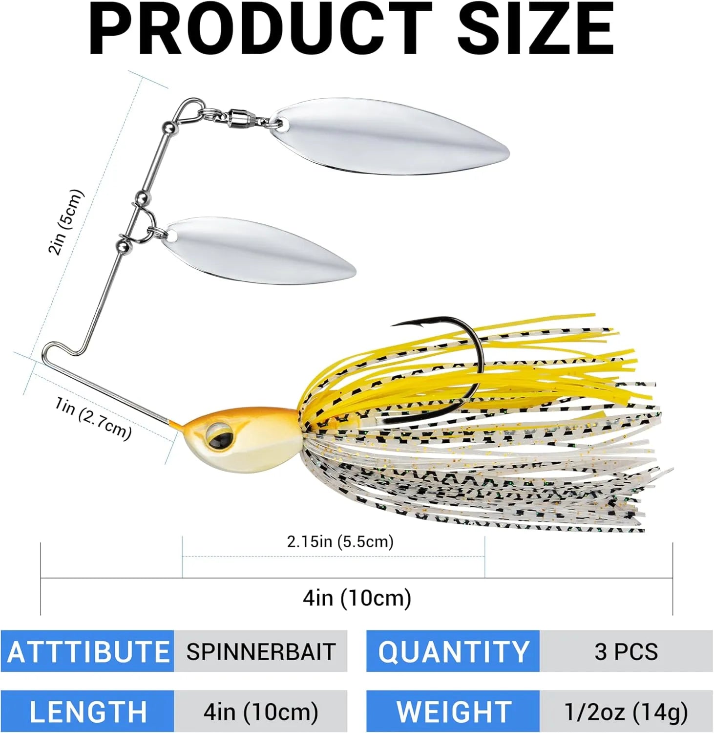 Spinnerbait with measurements and product details on a white background