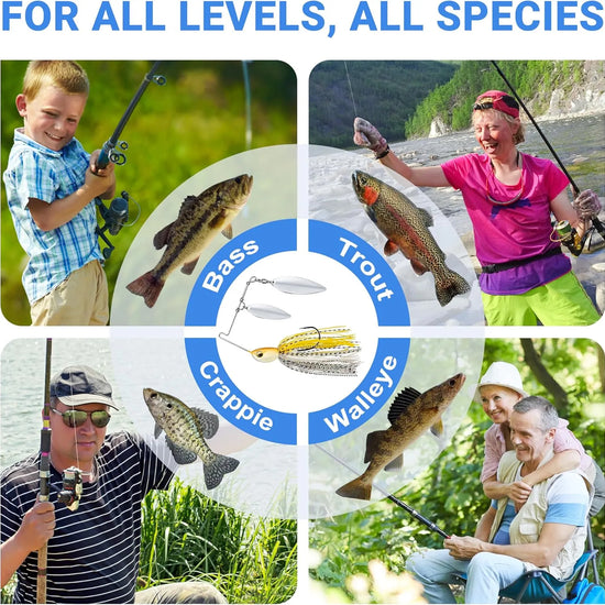 Collage of people fishing with images of different fish species and fishing lures.