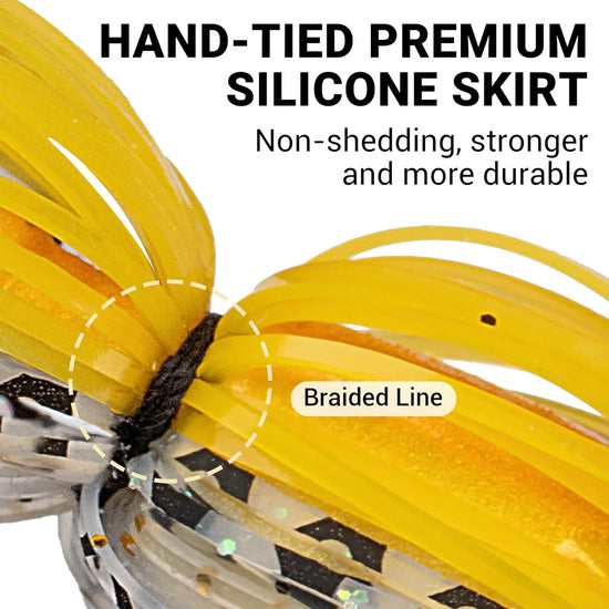Close-up of a yellow silicone skirt with braided line, highlighting its features.