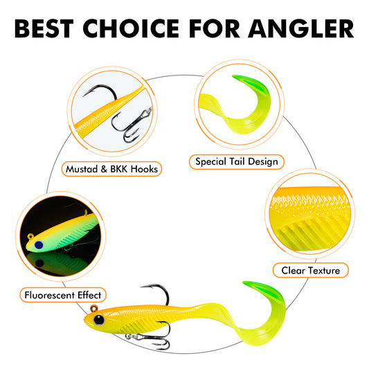 TRUSCEND Easy Catch Shadtale with BKK Branded Hook, Unique Vibrating Swim and Trembly Jigging Action for More Bites, Durable TPE Soft Fishing Lures for Bass Crappie Trout Walleye, Keep Separately [WM]