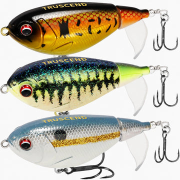 Three colorful fishing lures with 'Truscend' branding on a white background