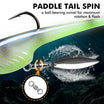 Truscend Fishing lure with paddle tail and ball bearing swivel, showing water splash and underwater view.