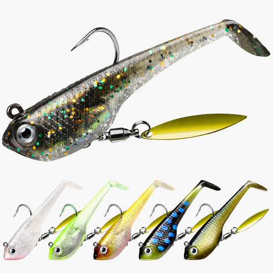 A collection of TRUSCEND Tadpole Lure paddles tails with spinner blades in various colors, designed for bass fishing.
