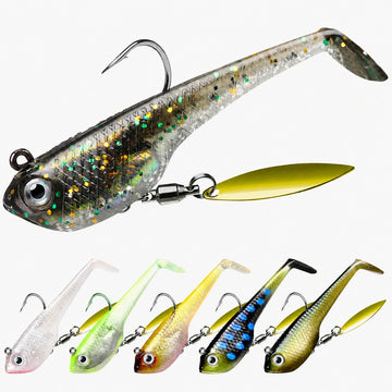 A collection of TRUSCEND Tadpole Lure paddles tails with spinner blades in various colors, designed for bass fishing.
