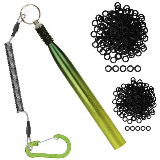 Green metal tool with coiled spring and carabiner, surrounded by black rings on a white background