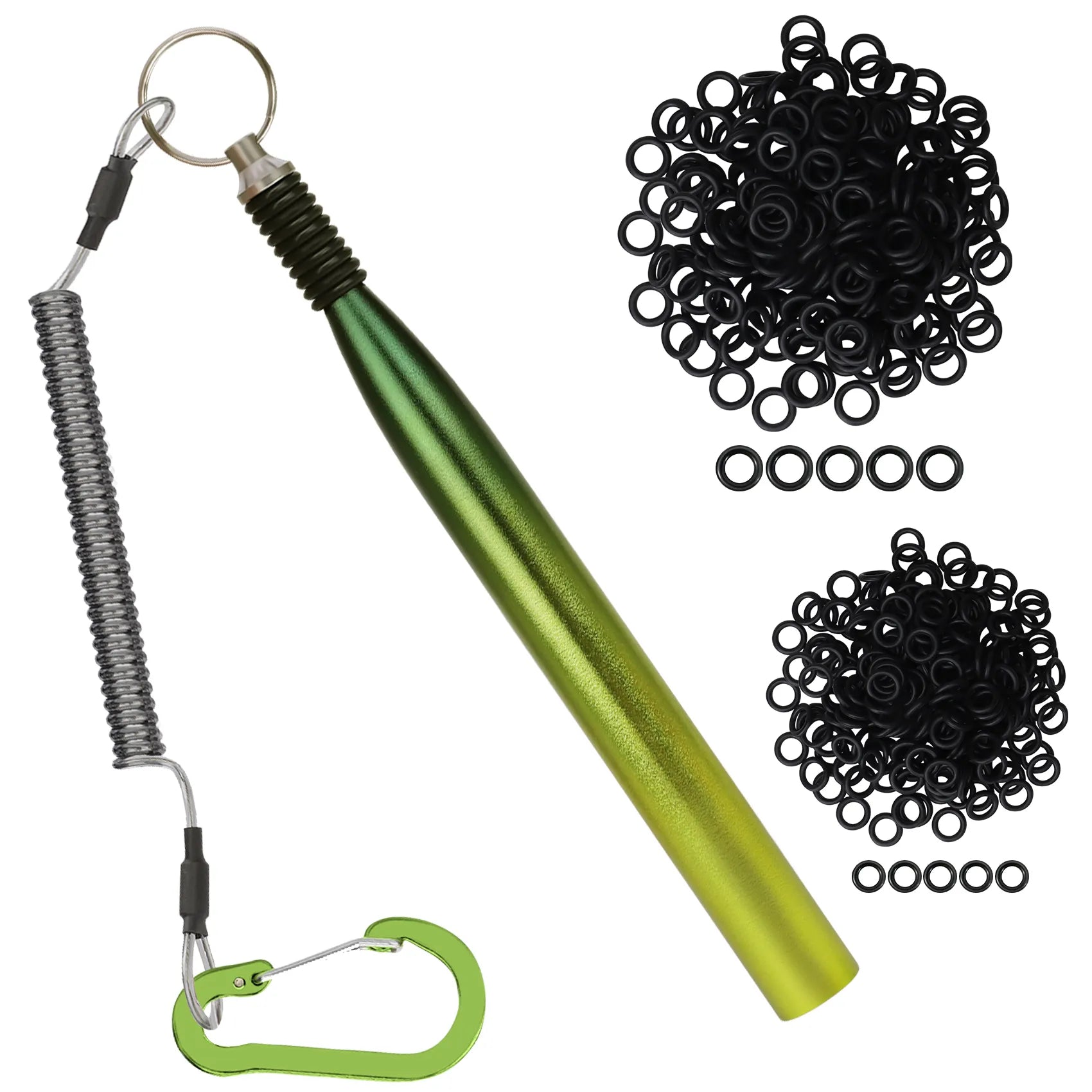 Green metal tool with coiled spring and carabiner, surrounded by black rings on a white background