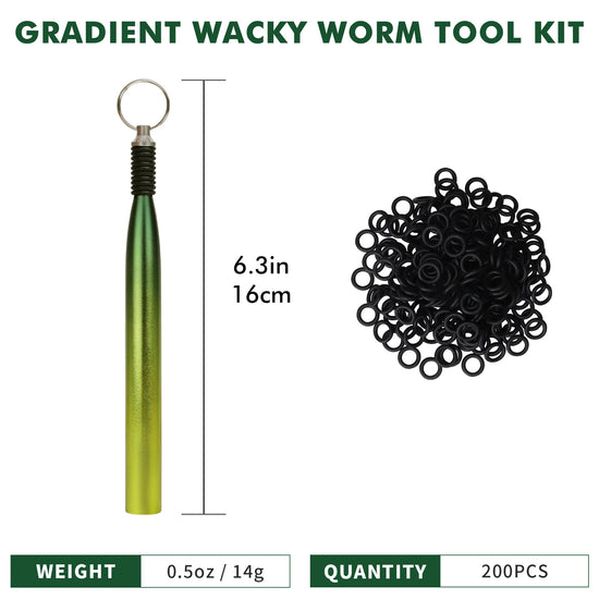 Gradient wacky worm tool kit with green handle, black rings, and measurements on a white background.