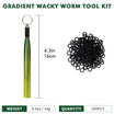 Gradient wacky worm tool kit with green handle, black rings, and measurements on a white background.