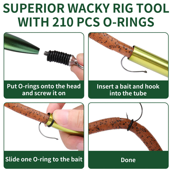 Instructions for using a superior wacky rig tool with 210 pcs O-rings on a white background.