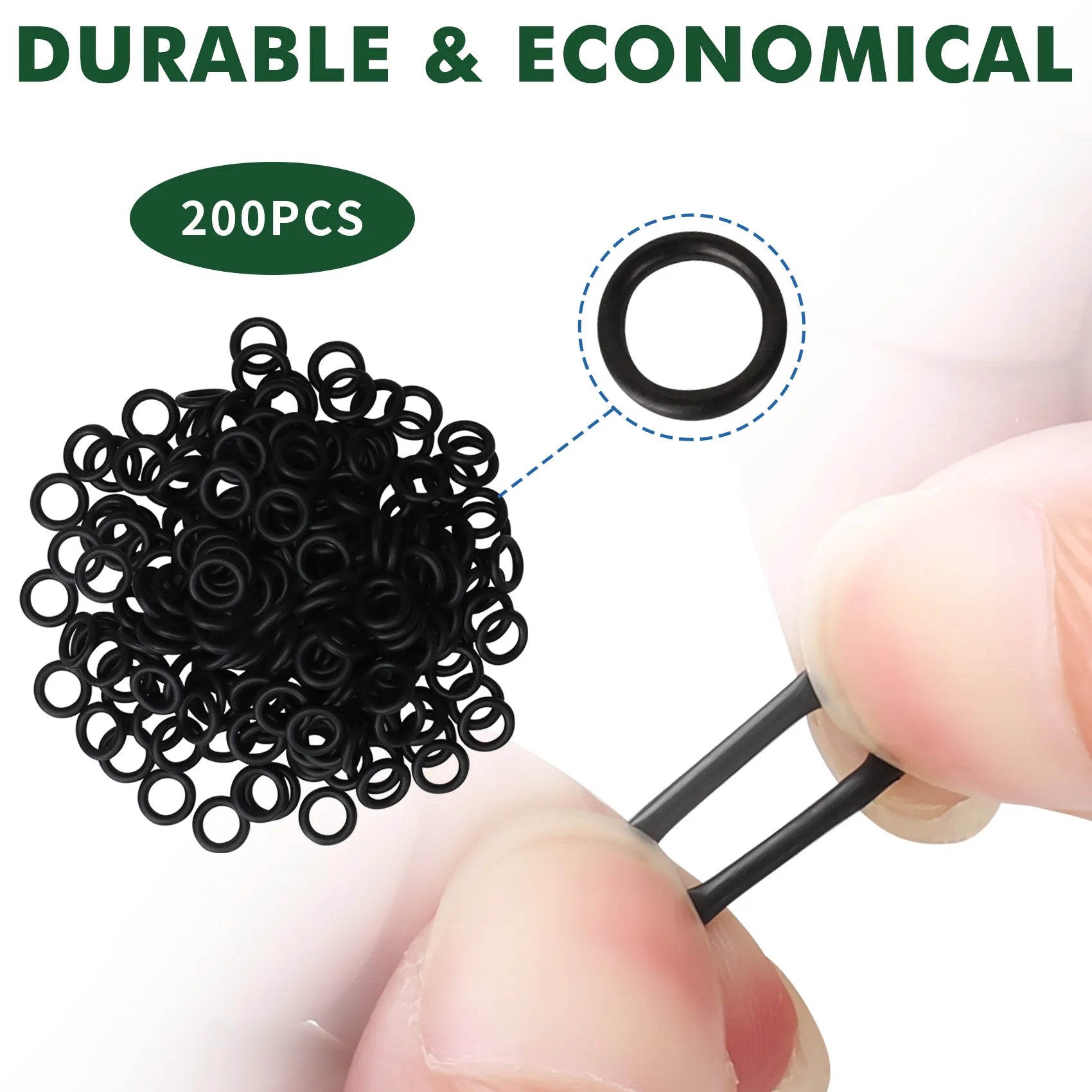 Packaging of 200 black rubber washers with a close-up of a washer being held between fingers, labeled 'Durable & Economical'.