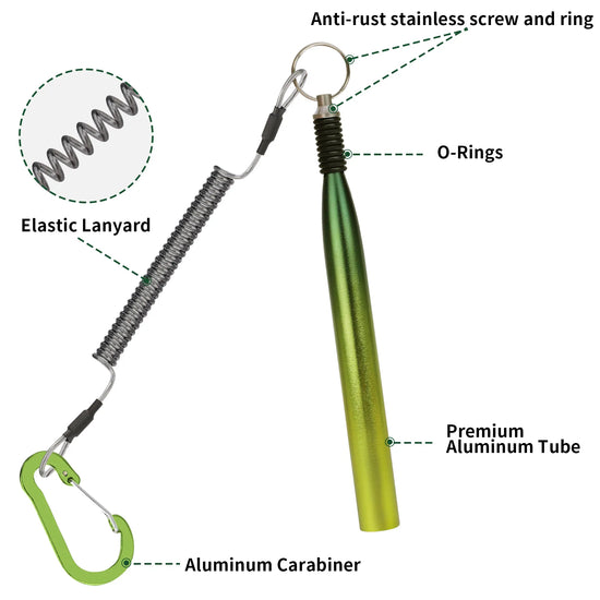 Green lanyard with labeled components on a white background