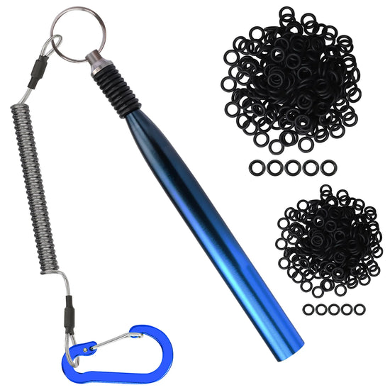 Blue metal tool with spring and carabiner, surrounded by black rubber rings on a white background
