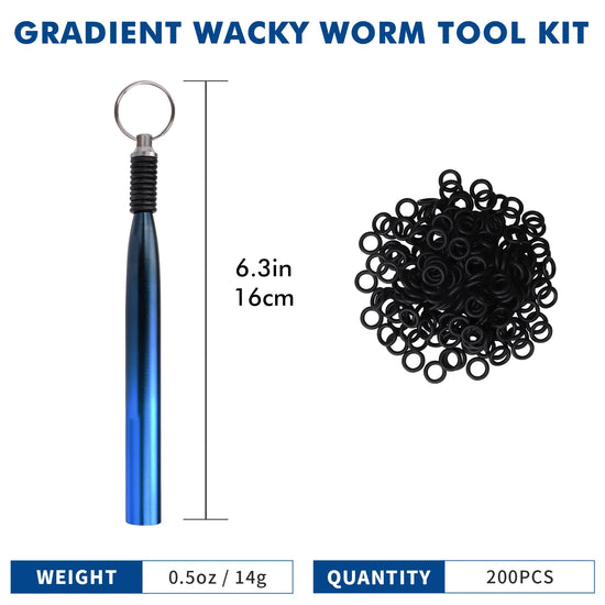 Gradient wacky worm tool kit with blue handle, black rings, and measurements on a white background.