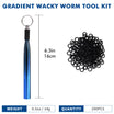 Gradient wacky worm tool kit with blue handle, black rings, and measurements on a white background.