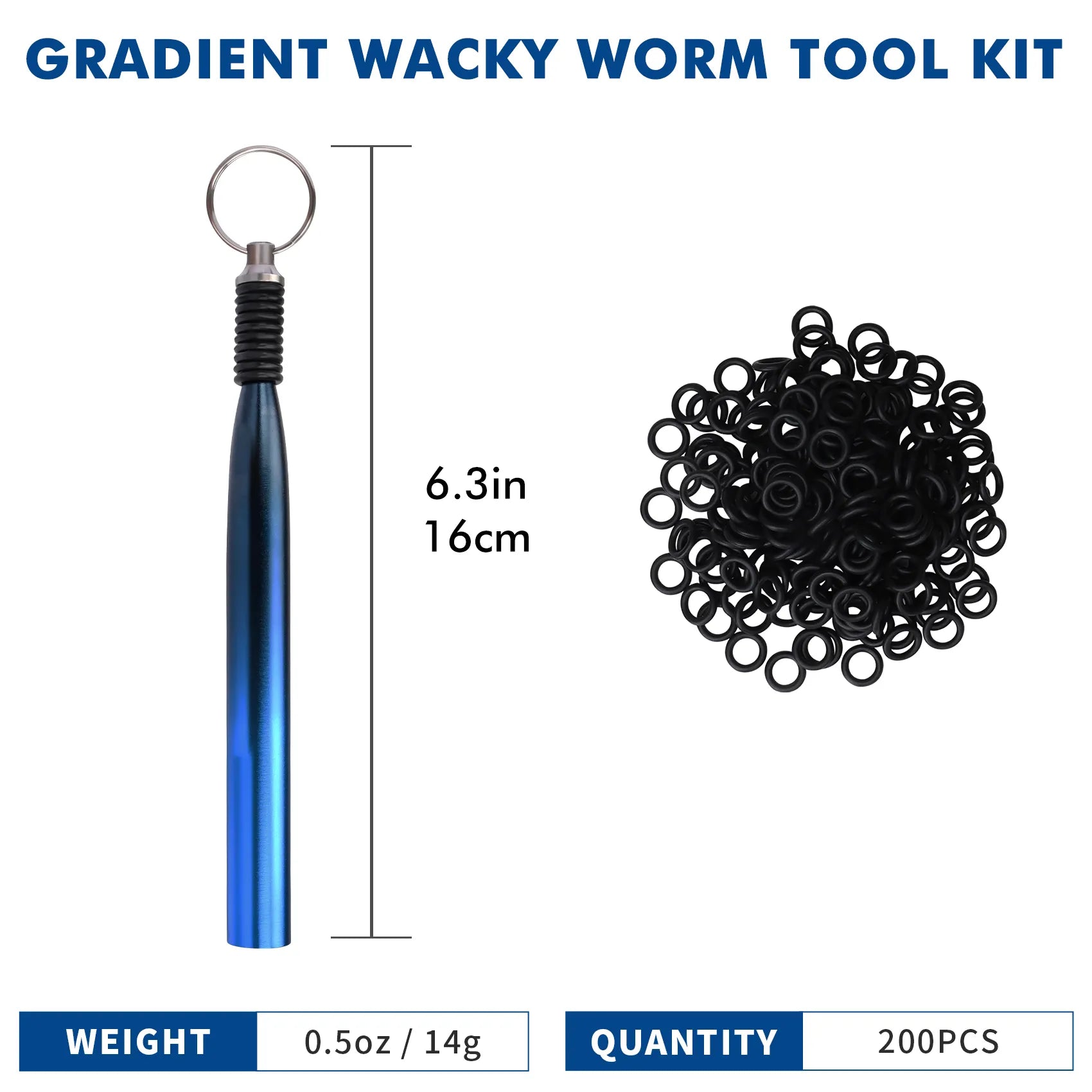 Gradient wacky worm tool kit with blue handle, black rings, and measurements on a white background.