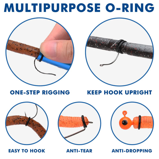 Multipurpose O-ring product with features for one-step rigging, keeping hook upright, easy to hook, anti-tear, and anti-dropping.