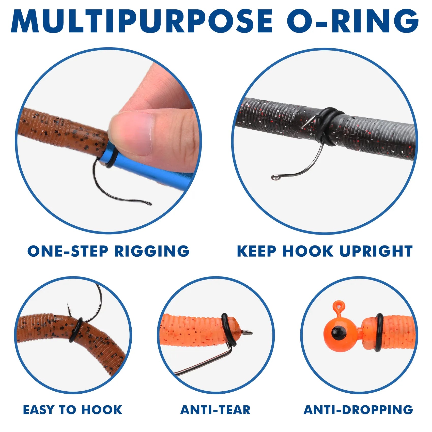 Multipurpose O-ring product with features for one-step rigging, keeping hook upright, easy to hook, anti-tear, and anti-dropping.