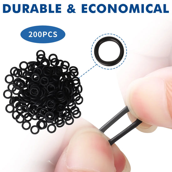 Packaging of 200 black washers with a close-up of a washer being held between fingers, labeled 'Durable & Economical'.