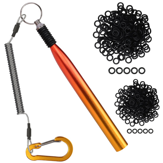 Orange metal tool with coiled spring and carabiner, surrounded by black rings on a white background