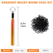 Gradient wacky worm tool kit with a measuring stick, black rubber rings, and weight information on a white background.