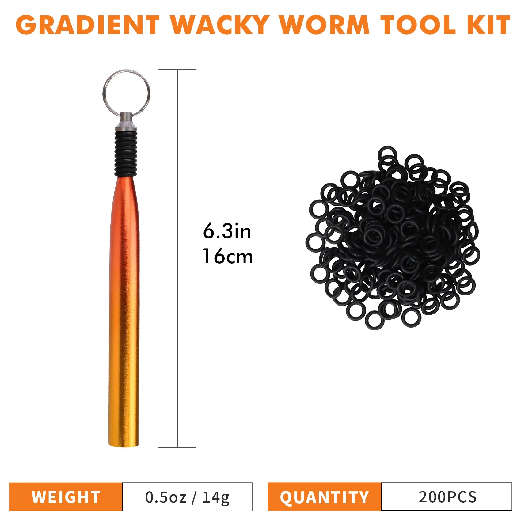Gradient wacky worm tool kit with a measuring stick, black rubber rings, and weight information on a white background.